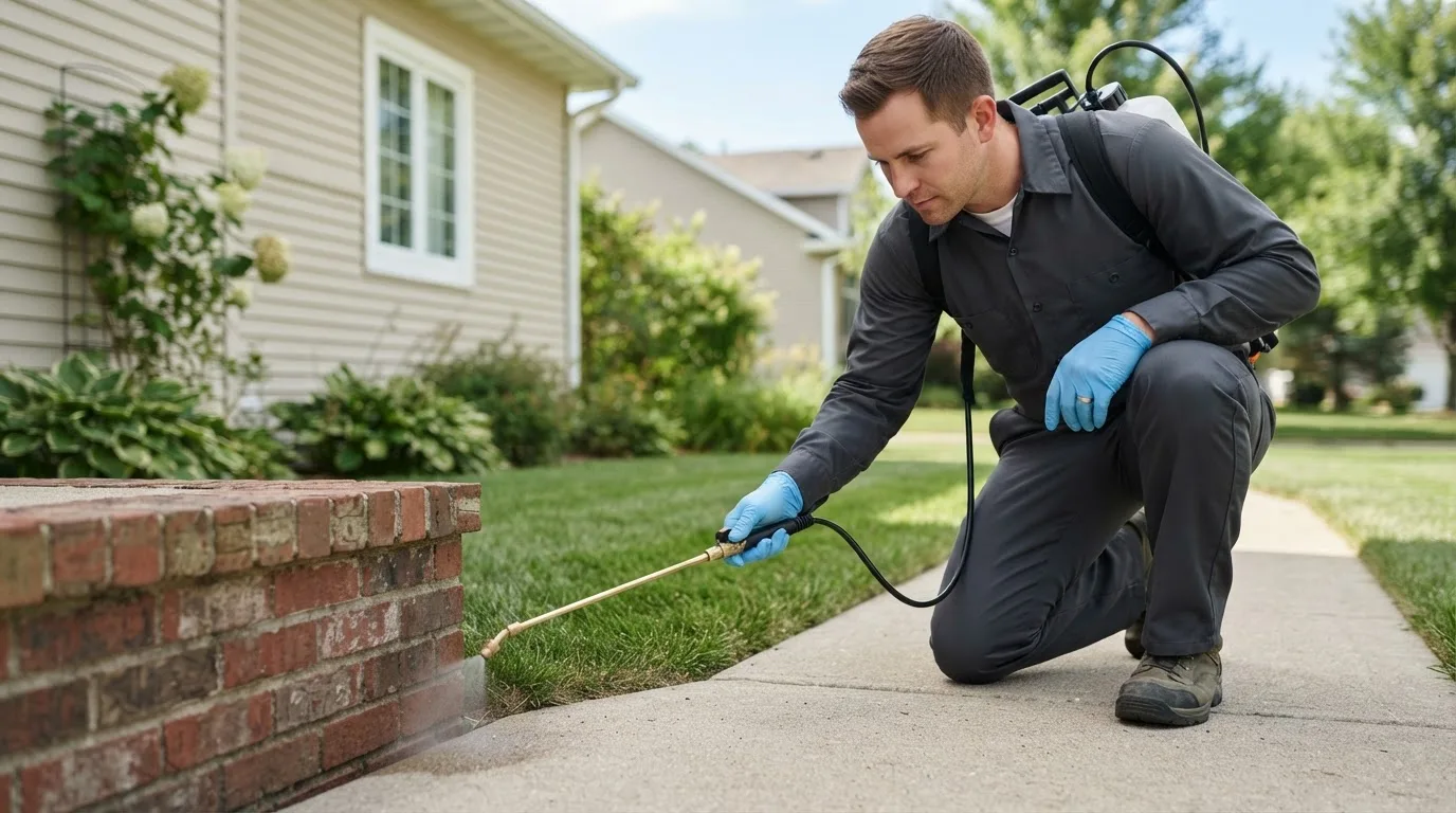 Pest control technician treating a home near Elkader, IA